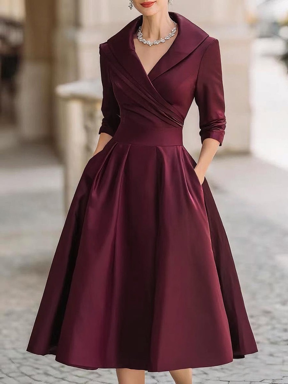 NEW Mooyius Vintage-Inspired Satin Midi Dress with Draped Collar Size Small Wine